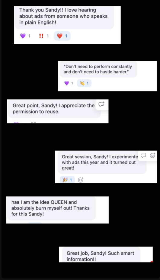 Real comments from past attendees: plain English, permission to reuse, great results, and preventing burnout